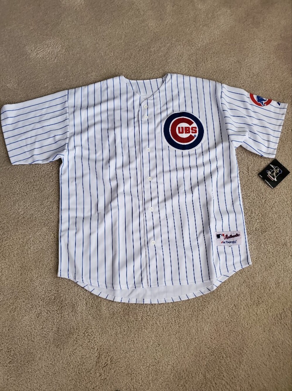 Majestic White Pinstripe Chicago Cubs Jersey with Red and Blue Logo